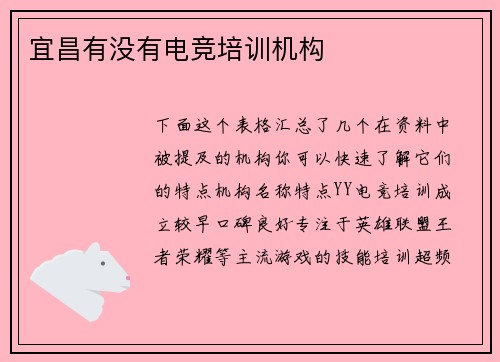 宜昌有没有电竞培训机构